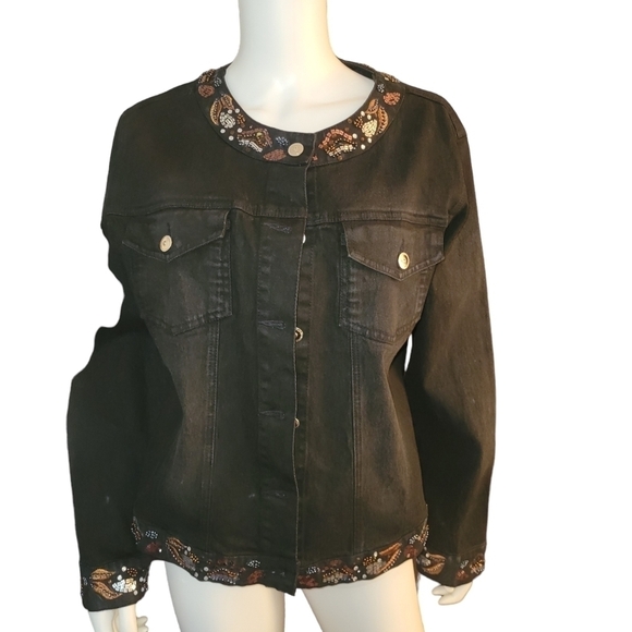 Diane Gilman Jean Jacket with beaded sequin Black L - Picture 2 of 5